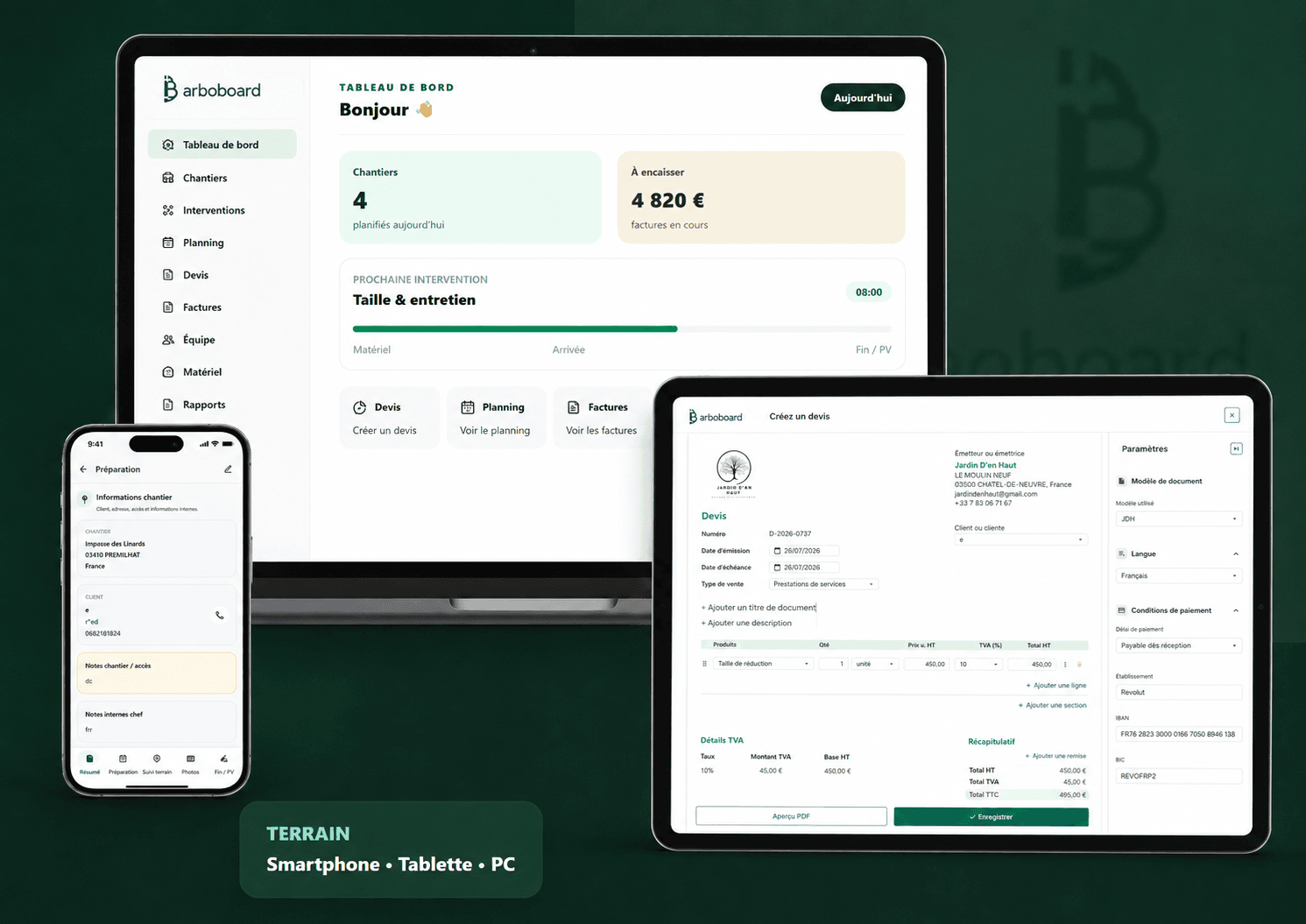 Arboboard sur ordinateur, tablette et smartphone avec de vraies pages de l’application